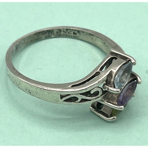 Vintage 925 Sterling Silver Three Stone Marquis Ring Amethyst Peridot Topaz 9.75 - Picture 6 of 6
